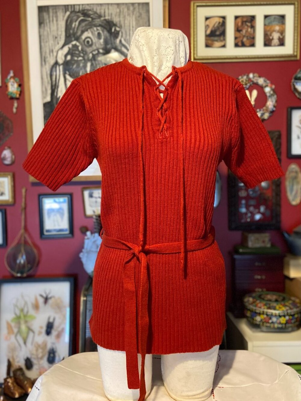 Vintage Brick Red Tunic Sweater Lace up Front 60's to70's Tie belt